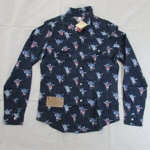 Roper Youth Girl's LG Long Sleeve Steer Skull Print Snap Western Shirt Navy Blue